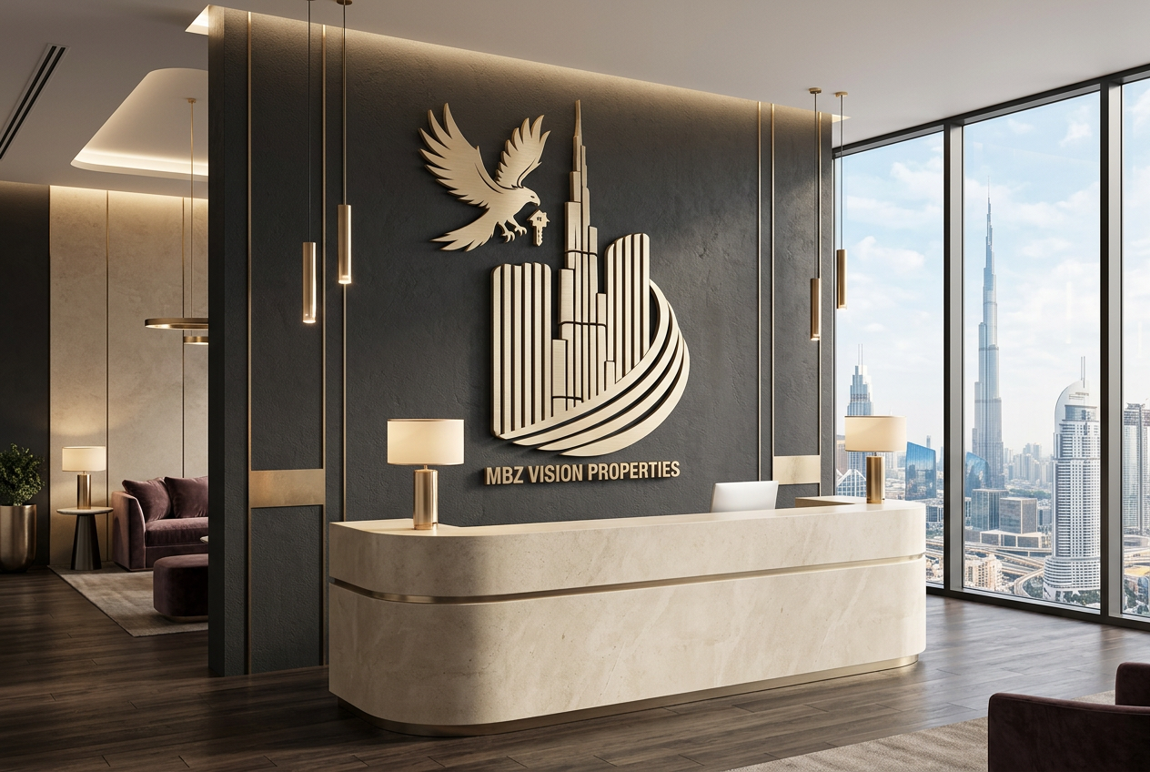 MBZ Vision Properties office reception concept with gold logo signage